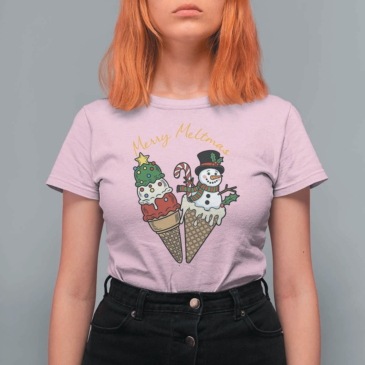 Christmas In July Ice Cream Snowman Graphic T Shirt For Women Merry Meltmas