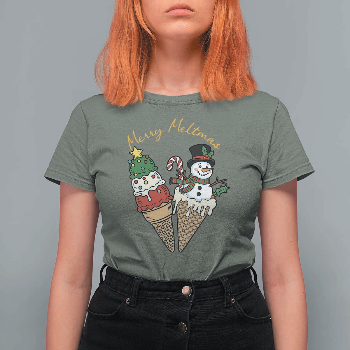Christmas In July Ice Cream Snowman Graphic T Shirt For Women Merry Meltmas