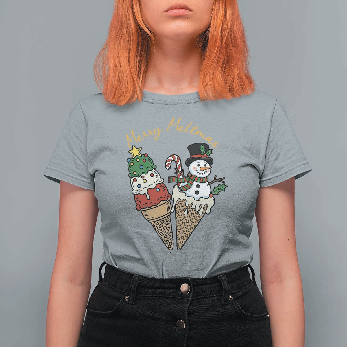 Christmas In July Ice Cream Snowman Graphic T Shirt For Women Merry Meltmas