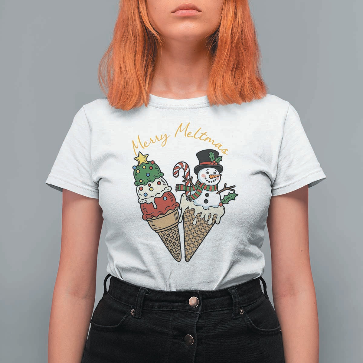 Christmas In July Ice Cream Snowman Graphic T Shirt For Women Merry Meltmas