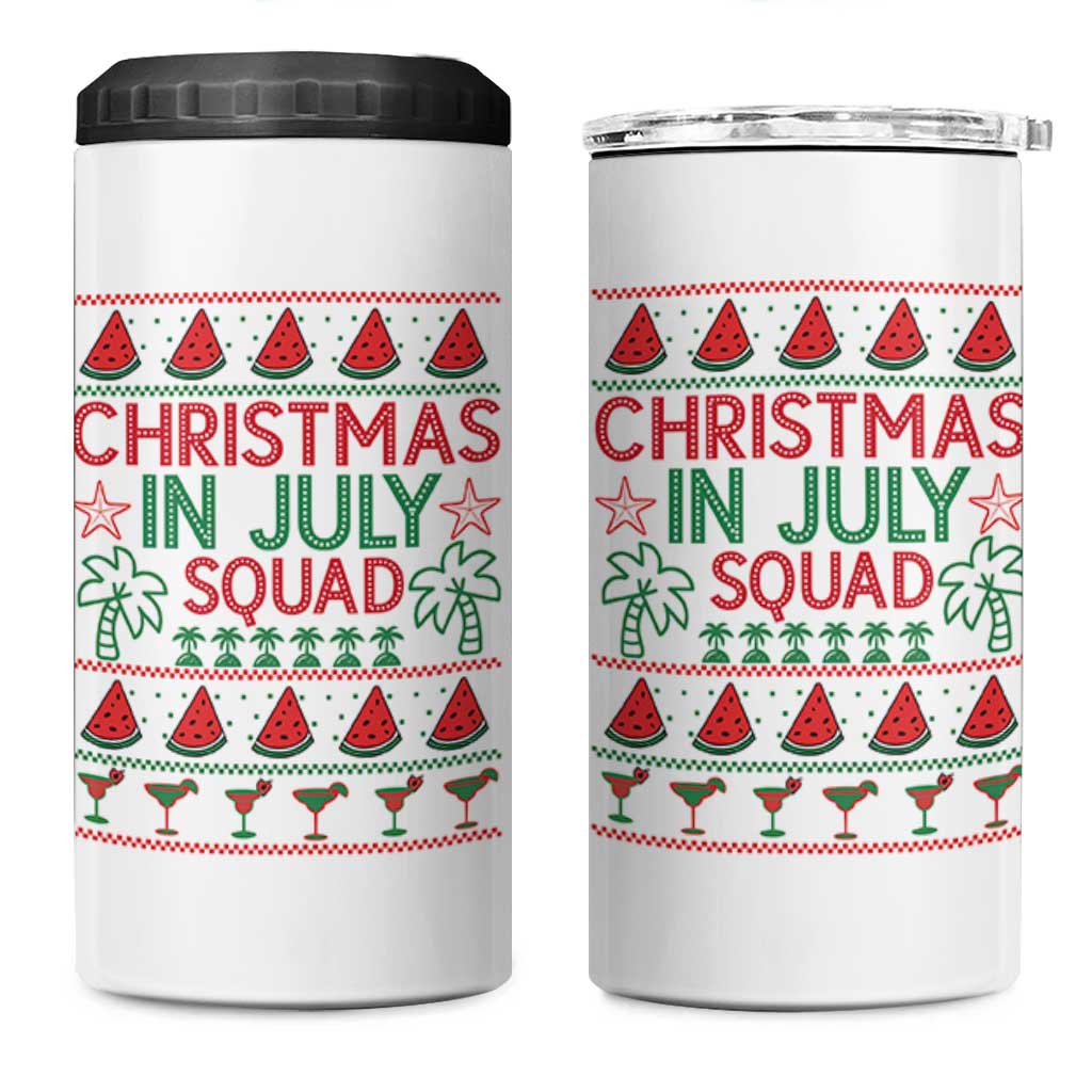 Christmas In July Squad 4 in 1 Can Cooler Tumbler Tropical Beach Party Graphic