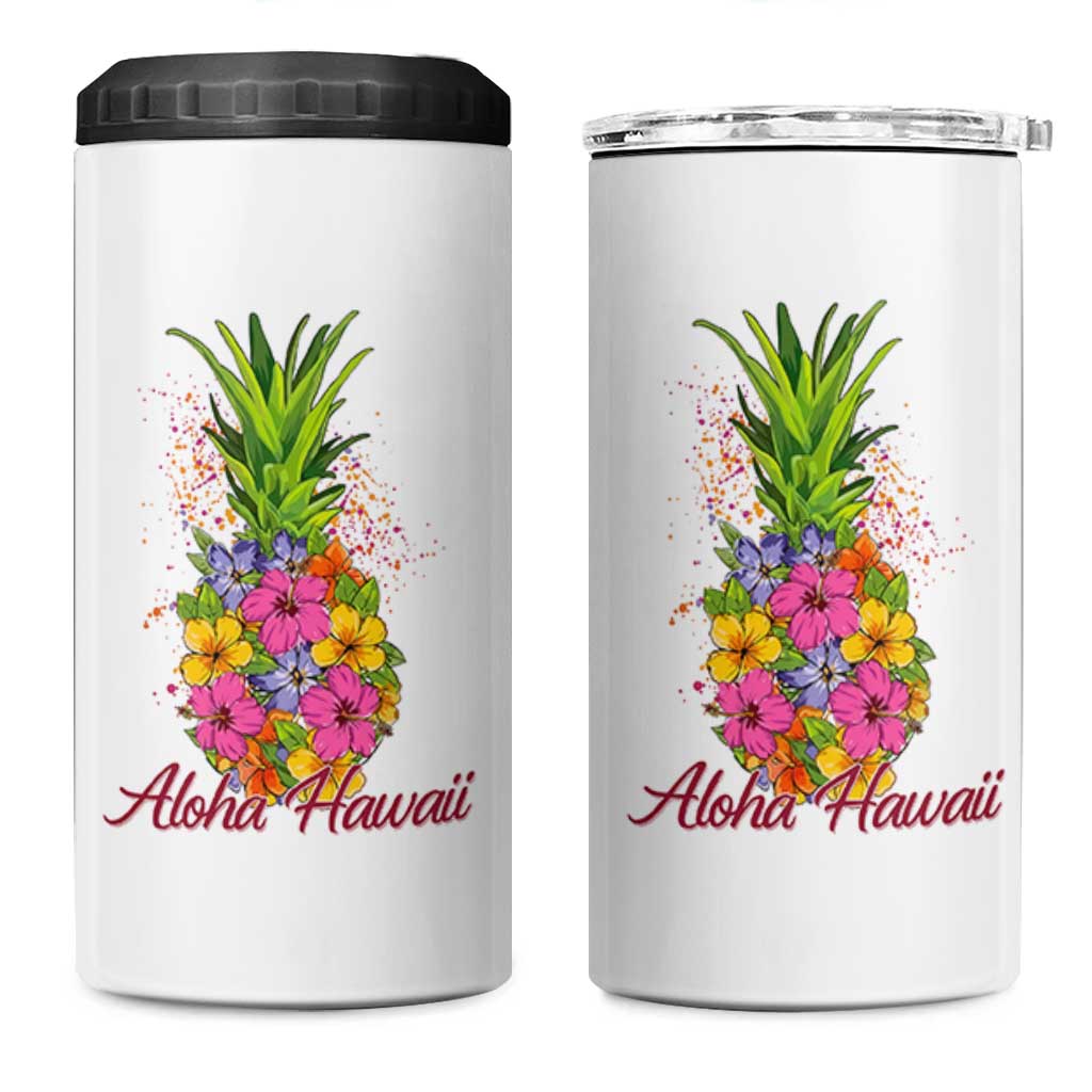 Tropical Floral Pineapple Aloha Hawaii 4 in 1 Can Cooler Tumbler Hawaiian Island Vacation Graphic
