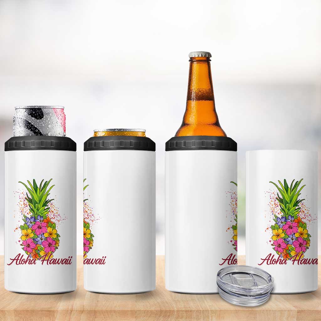 Tropical Floral Pineapple Aloha Hawaii 4 in 1 Can Cooler Tumbler Hawaiian Island Vacation Graphic