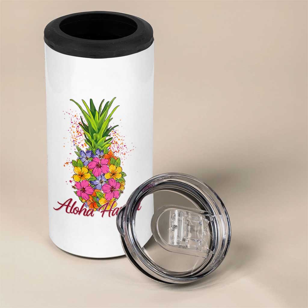 Tropical Floral Pineapple Aloha Hawaii 4 in 1 Can Cooler Tumbler Hawaiian Island Vacation Graphic