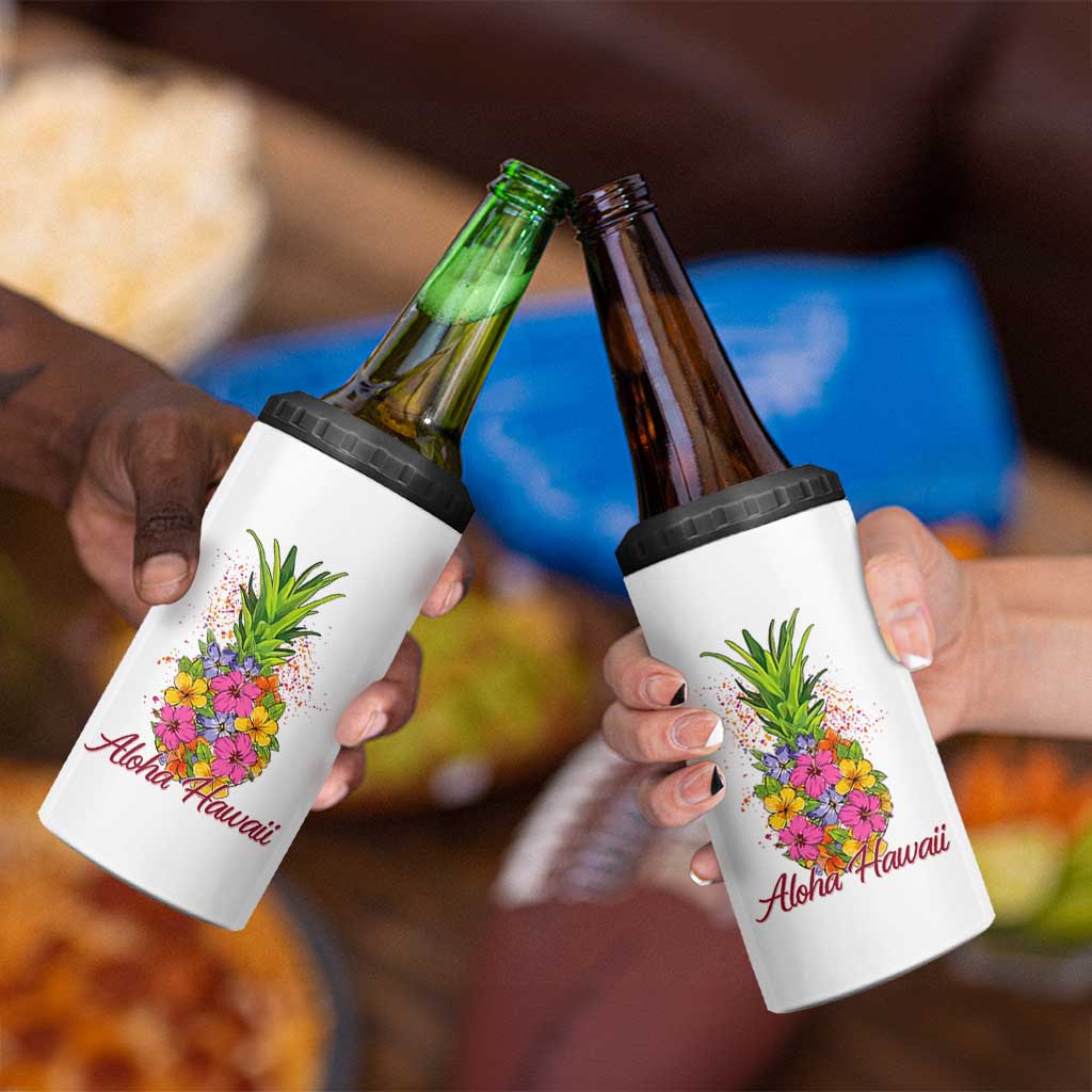 Tropical Floral Pineapple Aloha Hawaii 4 in 1 Can Cooler Tumbler Hawaiian Island Vacation Graphic