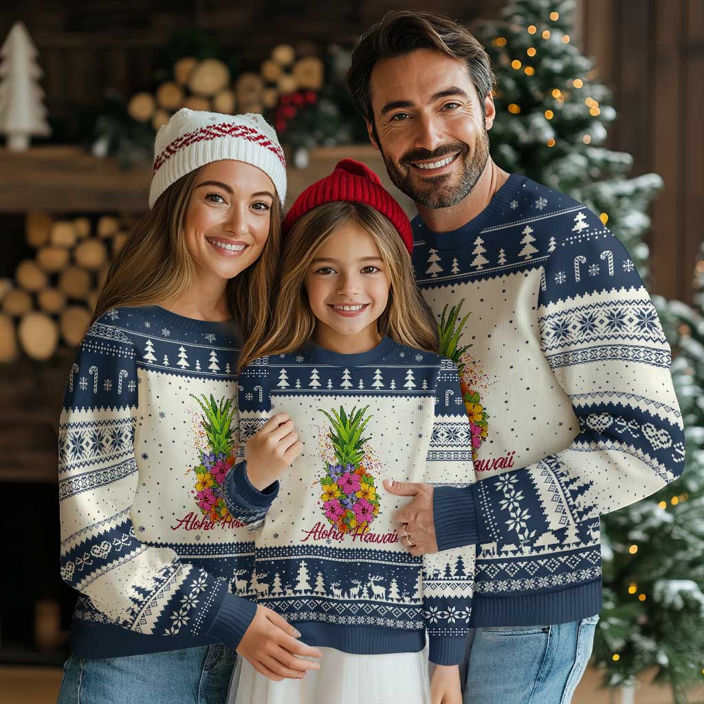 Tropical Floral Pineapple Aloha Hawaii Ugly Christmas Sweater Hawaiian Island Vacation Graphic