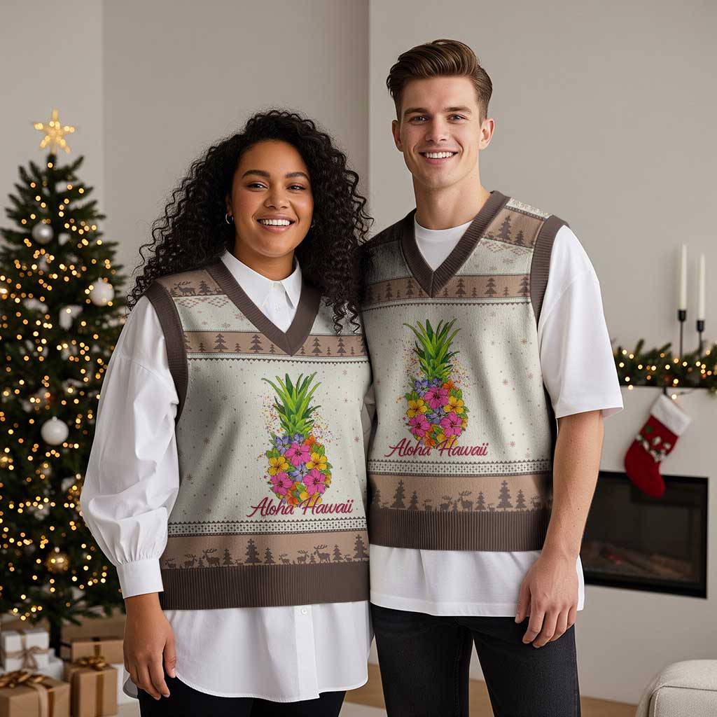 Tropical Floral Pineapple Aloha Hawaii V-Neck Knit Sweater Vest Hawaiian Island Vacation Graphic
