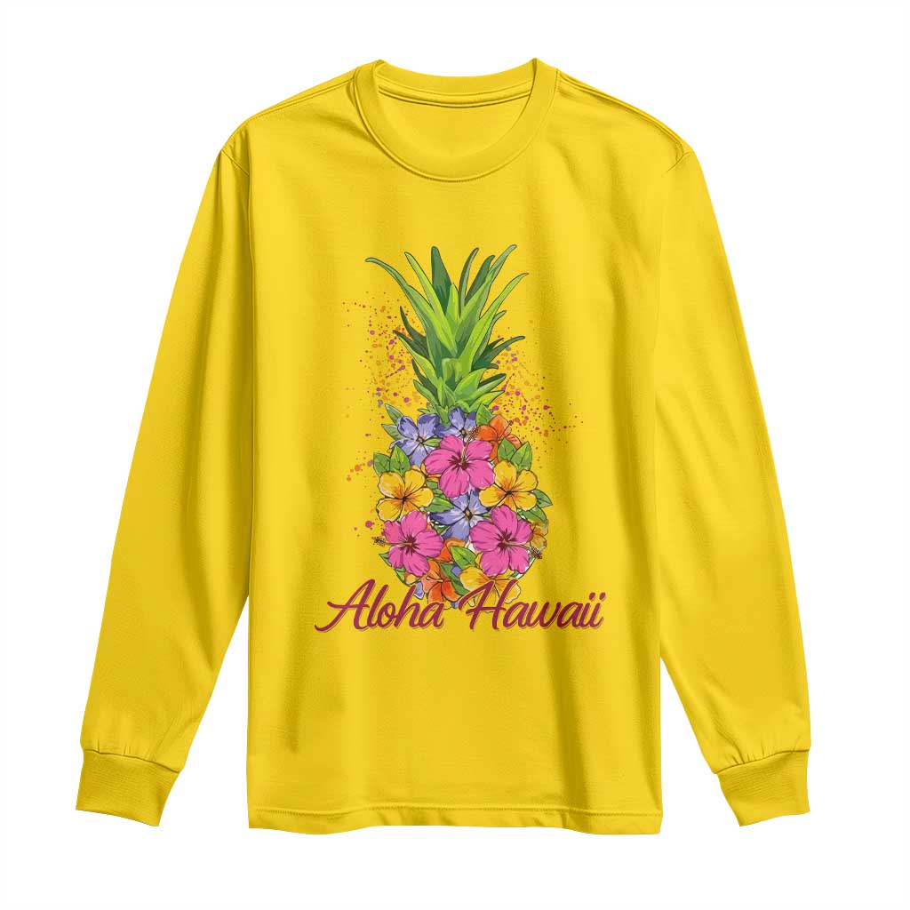 Tropical Floral Pineapple Aloha Hawaii Long Sleeve Shirt Hawaiian Island Vacation Graphic
