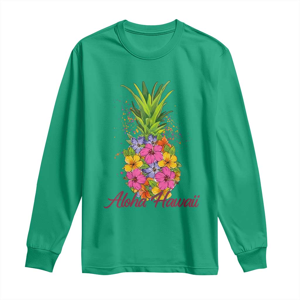 Tropical Floral Pineapple Aloha Hawaii Long Sleeve Shirt Hawaiian Island Vacation Graphic