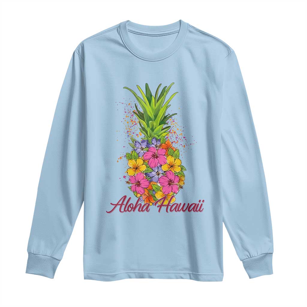 Tropical Floral Pineapple Aloha Hawaii Long Sleeve Shirt Hawaiian Island Vacation Graphic