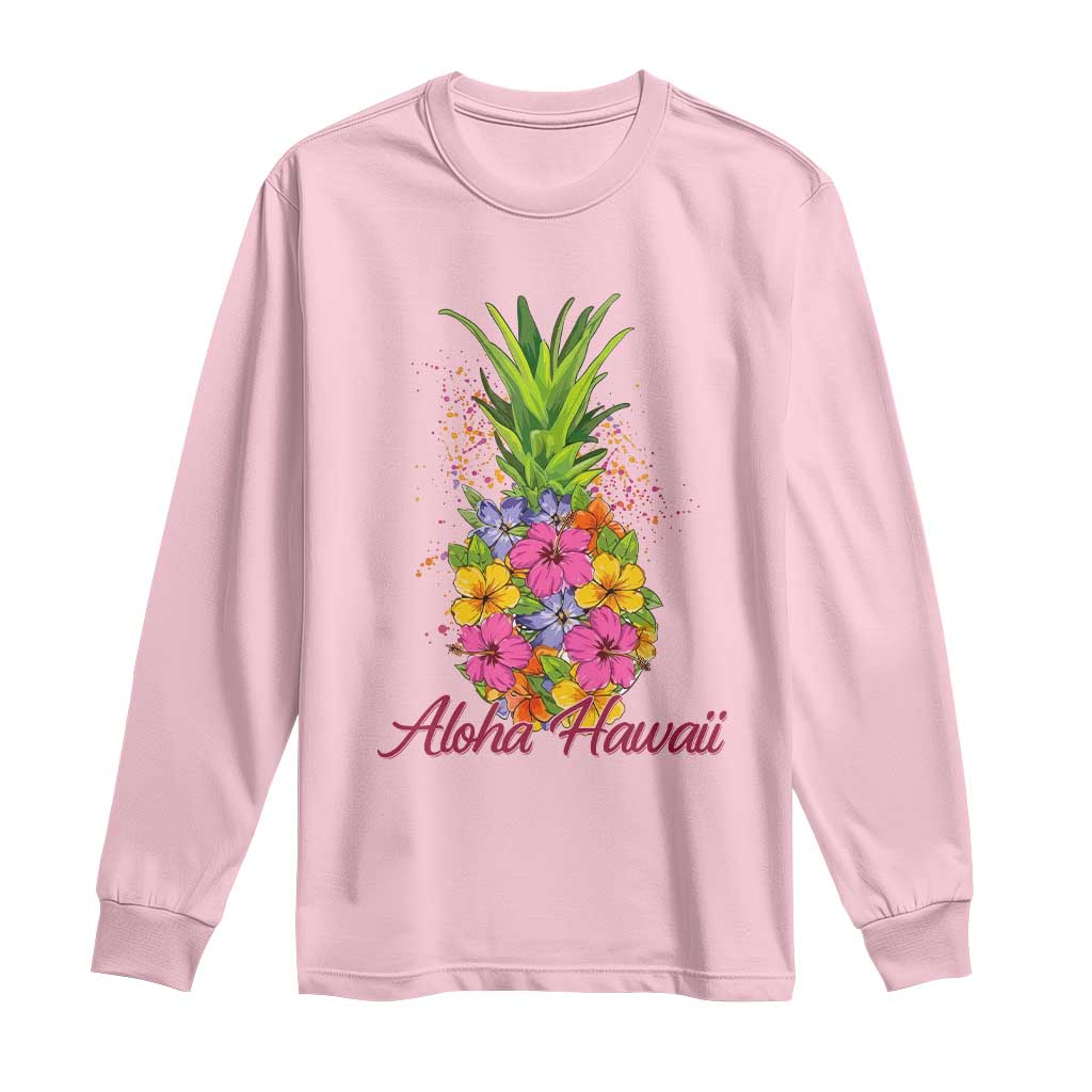 Tropical Floral Pineapple Aloha Hawaii Long Sleeve Shirt Hawaiian Island Vacation Graphic