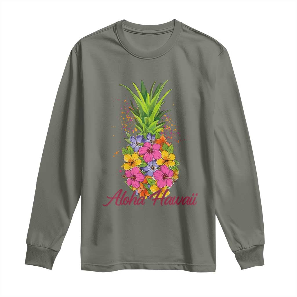Tropical Floral Pineapple Aloha Hawaii Long Sleeve Shirt Hawaiian Island Vacation Graphic