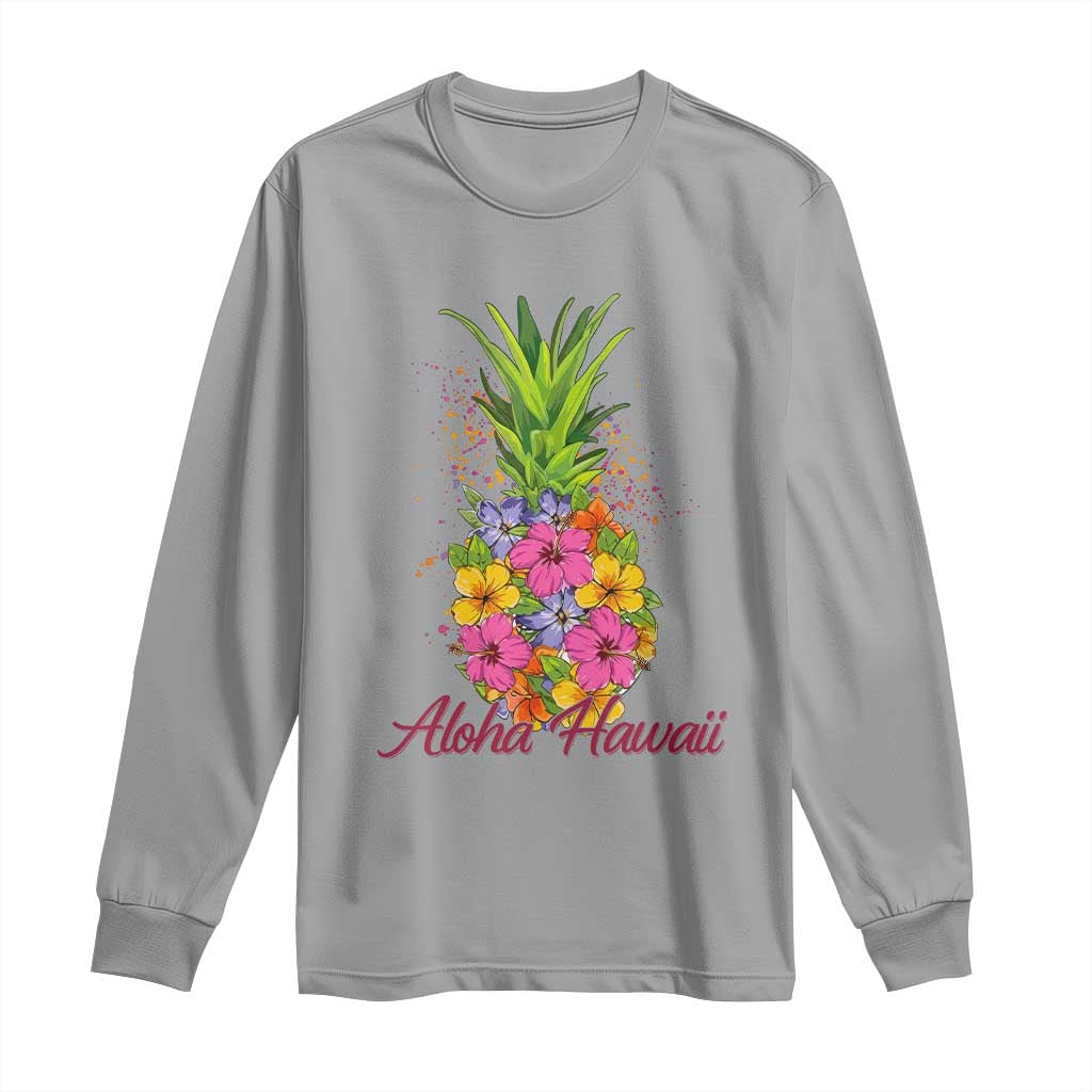 Tropical Floral Pineapple Aloha Hawaii Long Sleeve Shirt Hawaiian Island Vacation Graphic