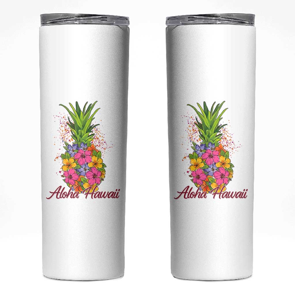 Tropical Floral Pineapple Aloha Hawaii Skinny Tumbler Hawaiian Island Vacation Graphic