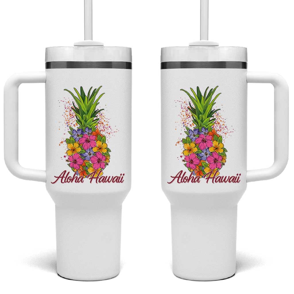 Tropical Floral Pineapple Aloha Hawaii Tumbler With Handle Hawaiian Island Vacation Graphic
