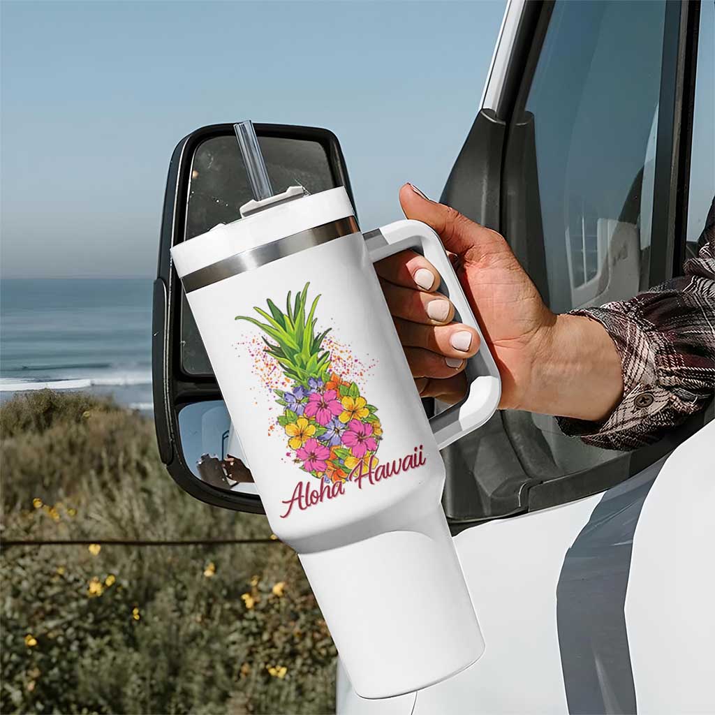 Tropical Floral Pineapple Aloha Hawaii Tumbler With Handle Hawaiian Island Vacation Graphic
