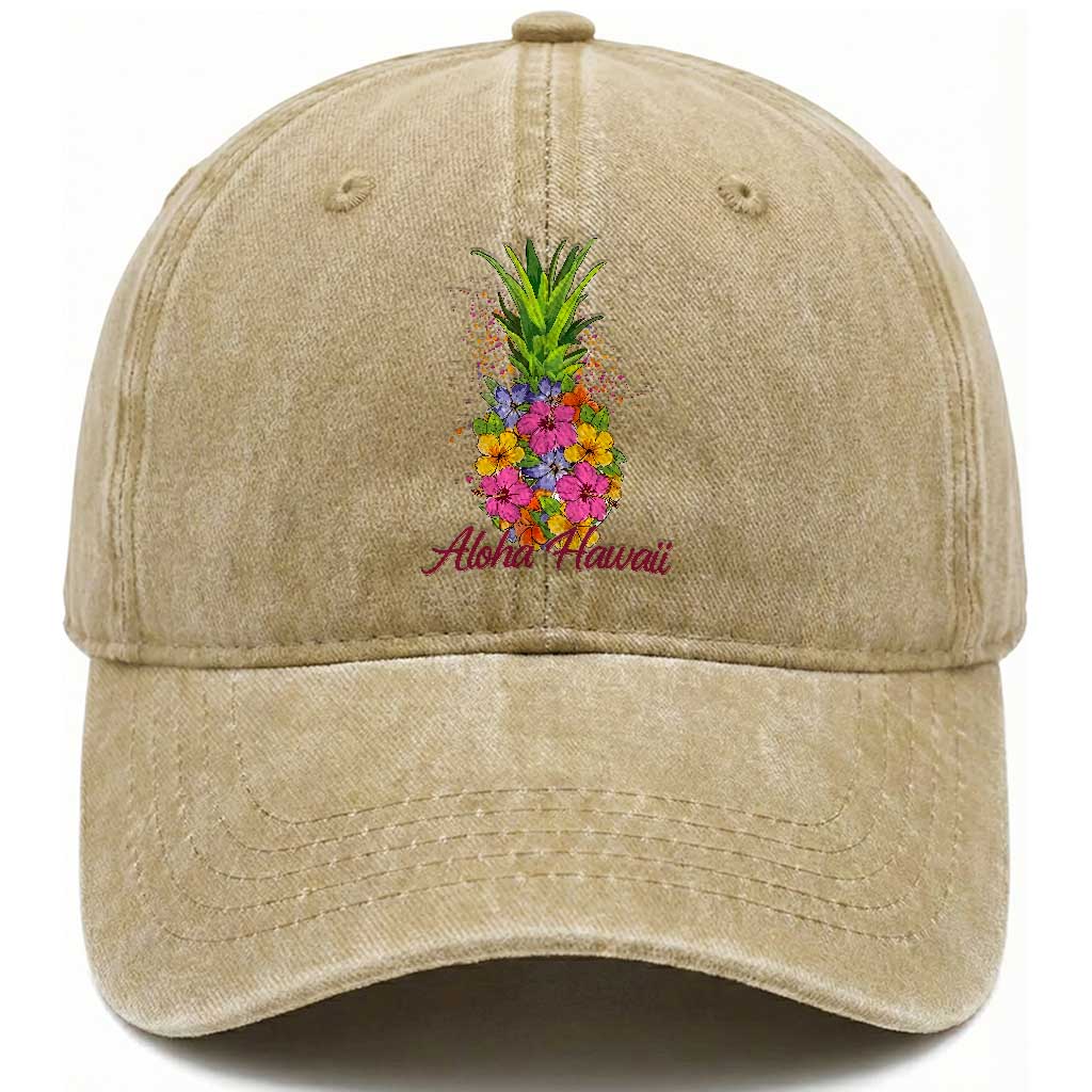 Tropical Floral Pineapple Aloha Hawaii Washed Cotton Baseball Cap Hawaiian Island Vacation Graphic
