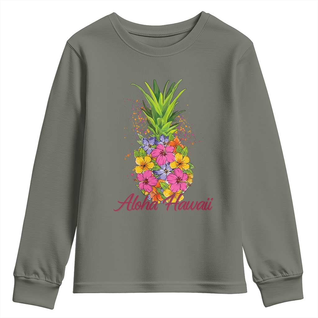 Tropical Floral Pineapple Aloha Hawaii Youth Sweatshirt Hawaiian Island Vacation Graphic