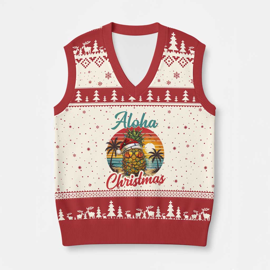Aloha Tropical Pineapple Christmas V-Neck Knit Sweater Vest Vintage Beach Xmas Gift