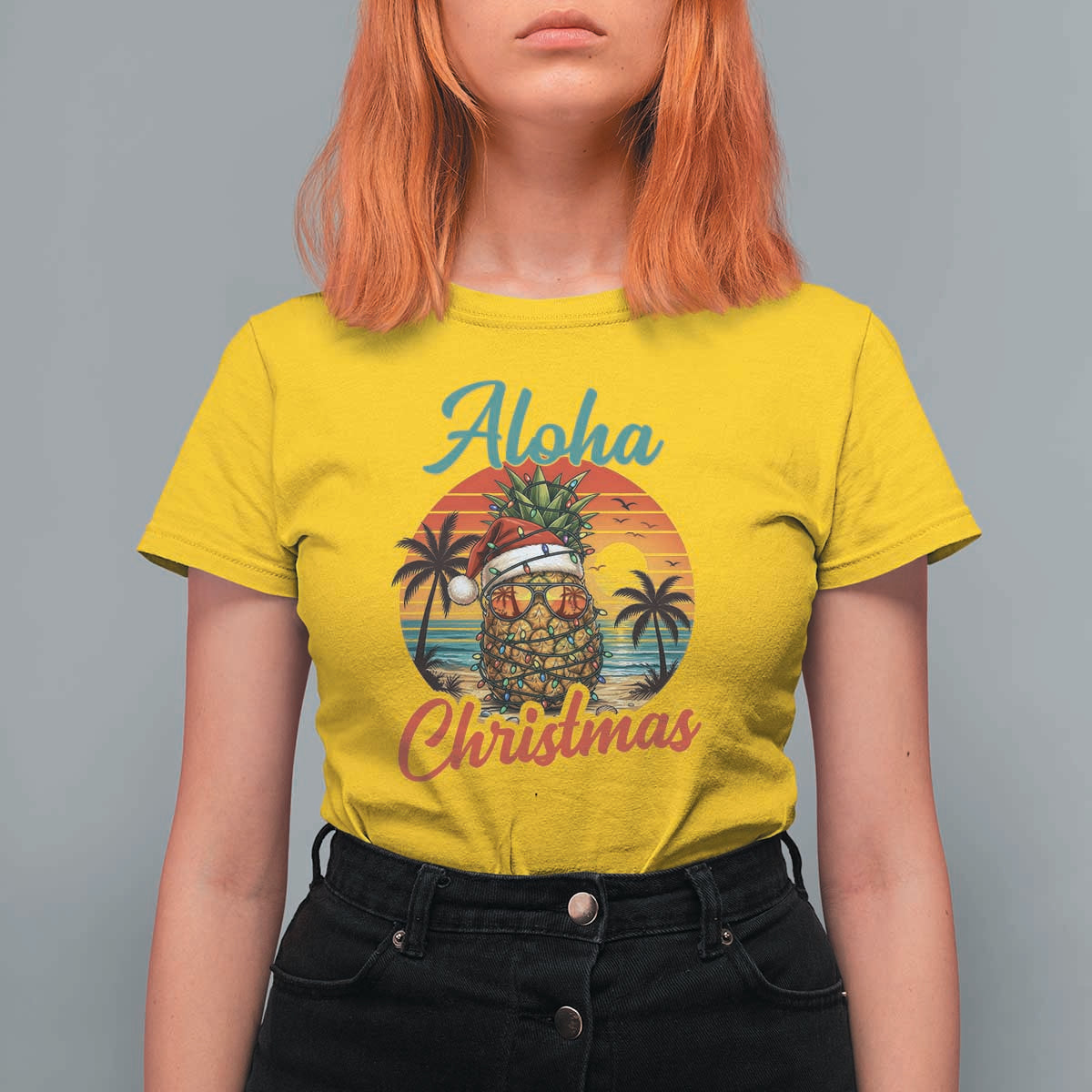 Aloha Tropical Pineapple Christmas T Shirt For Women Vintage Beach Xmas Gift