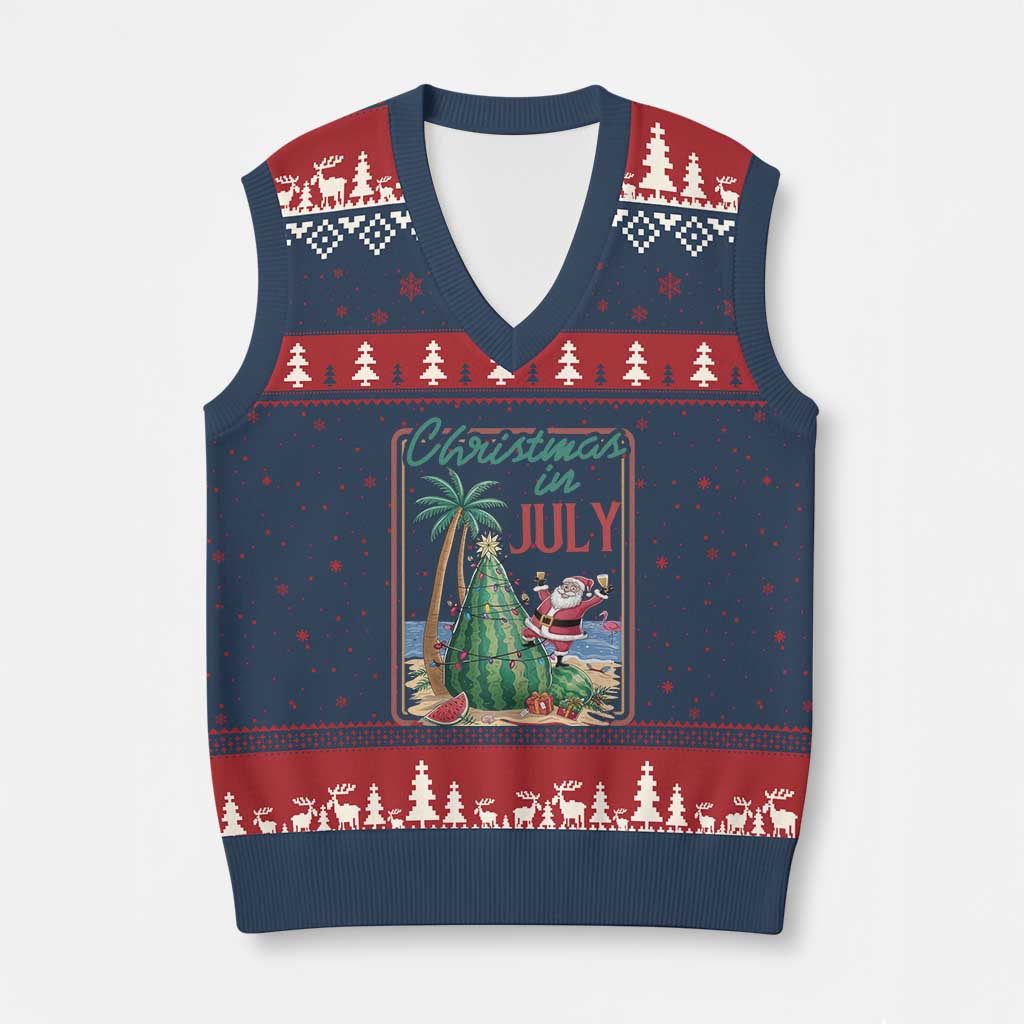Christmas In July V-Neck Knit Sweater Vest Funny Santa Watermelon Xmas Tree
