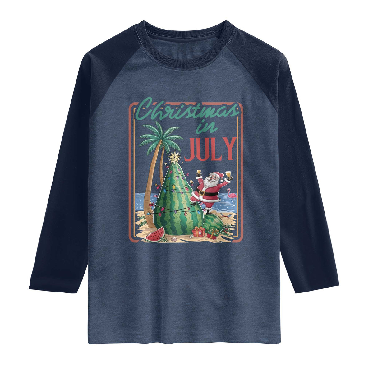Christmas In July Raglan Shirt Funny Santa Watermelon Xmas Tree