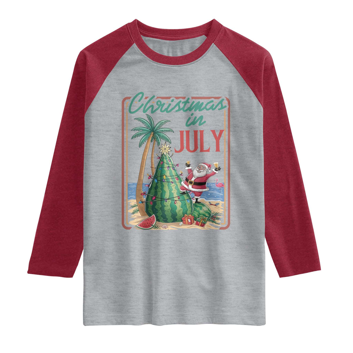 Christmas In July Raglan Shirt Funny Santa Watermelon Xmas Tree