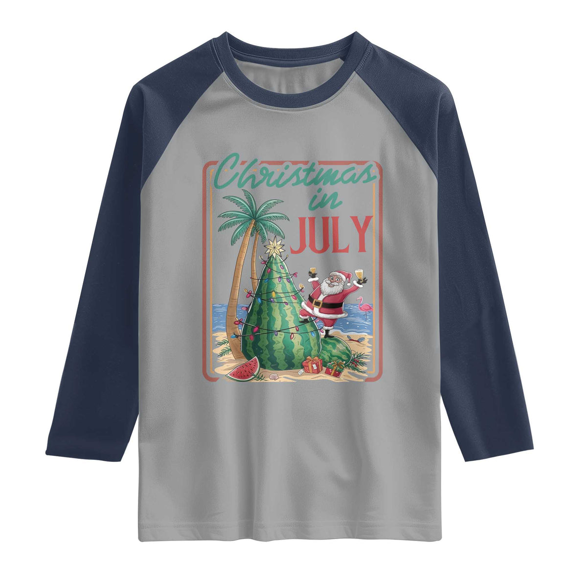 Christmas In July Raglan Shirt Funny Santa Watermelon Xmas Tree