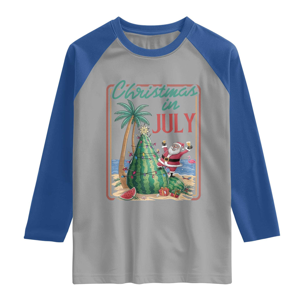 Christmas In July Raglan Shirt Funny Santa Watermelon Xmas Tree