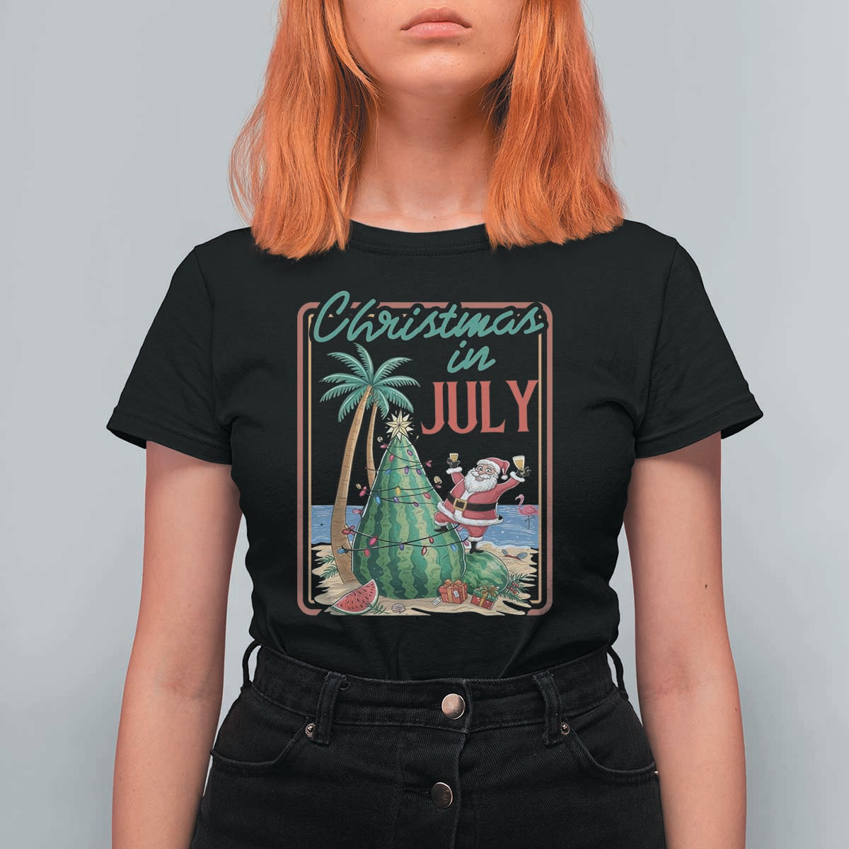 Christmas In July T Shirt For Women Funny Santa Watermelon Xmas Tree