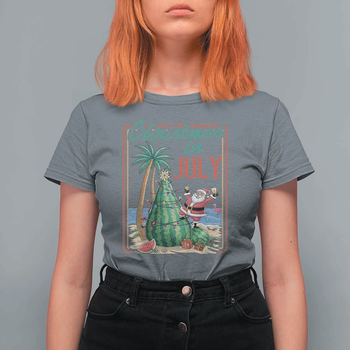 Christmas In July T Shirt For Women Funny Santa Watermelon Xmas Tree