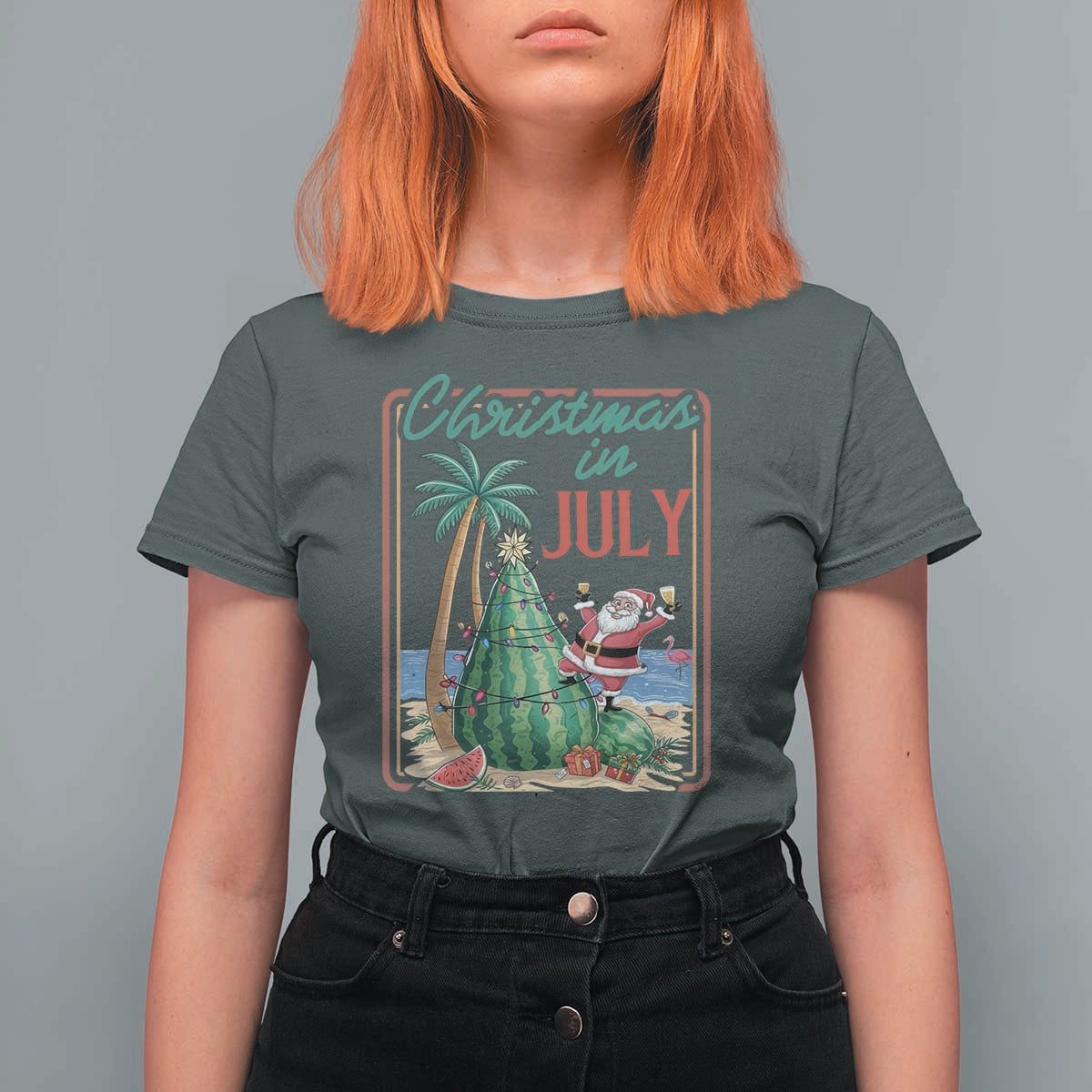 Christmas In July T Shirt For Women Funny Santa Watermelon Xmas Tree