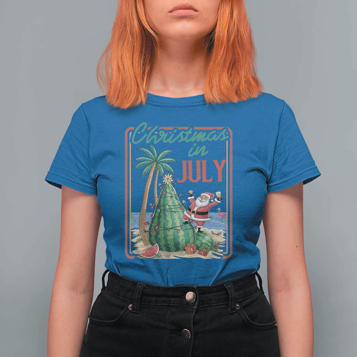 Christmas In July T Shirt For Women Funny Santa Watermelon Xmas Tree