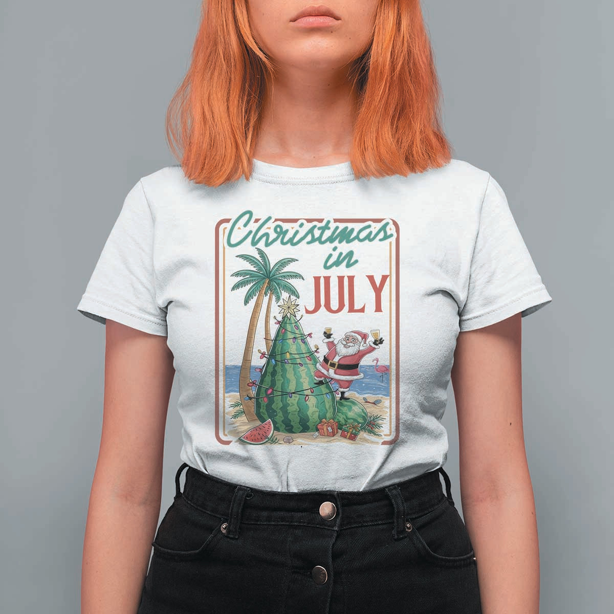 Christmas In July T Shirt For Women Funny Santa Watermelon Xmas Tree