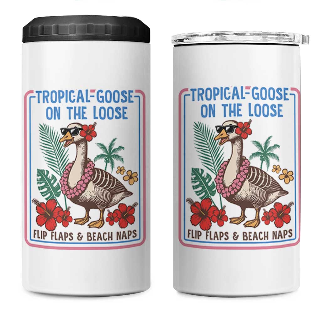 Funny Hawaiian Beach Vacation Graphic 4 in 1 Can Cooler Tumbler Tropical Goose On The Loose