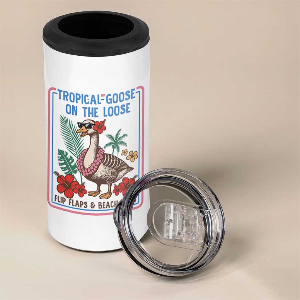 Funny Hawaiian Beach Vacation Graphic 4 in 1 Can Cooler Tumbler Tropical Goose On The Loose