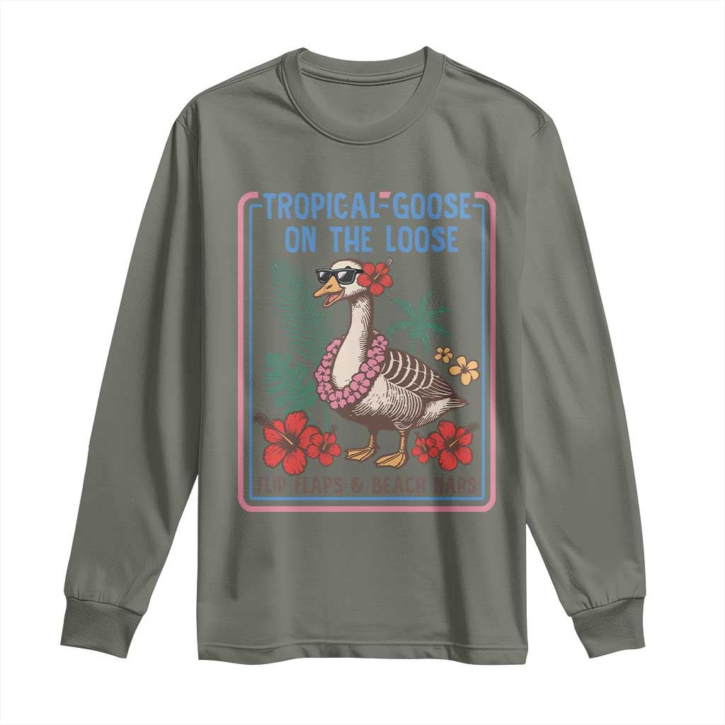 Funny Hawaiian Beach Vacation Graphic Long Sleeve Shirt Tropical Goose On The Loose