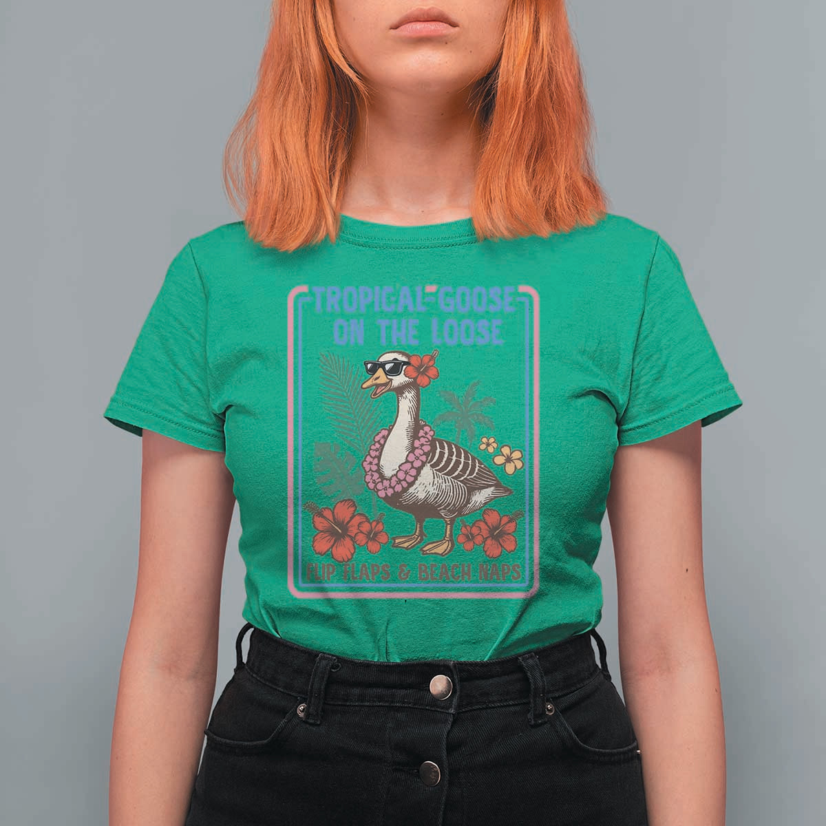 Funny Hawaiian Beach Vacation Graphic T Shirt For Women Tropical Goose On The Loose