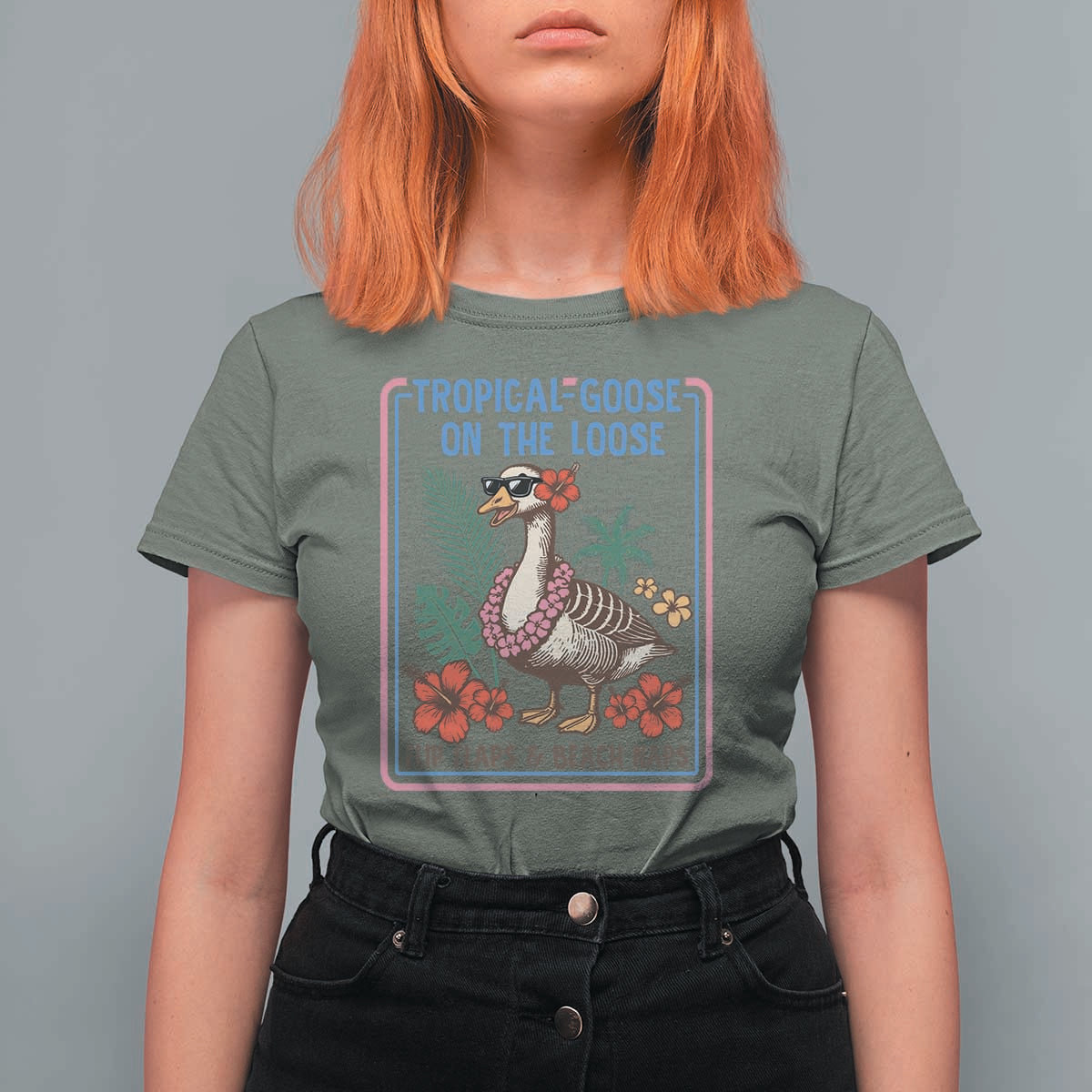 Funny Hawaiian Beach Vacation Graphic T Shirt For Women Tropical Goose On The Loose
