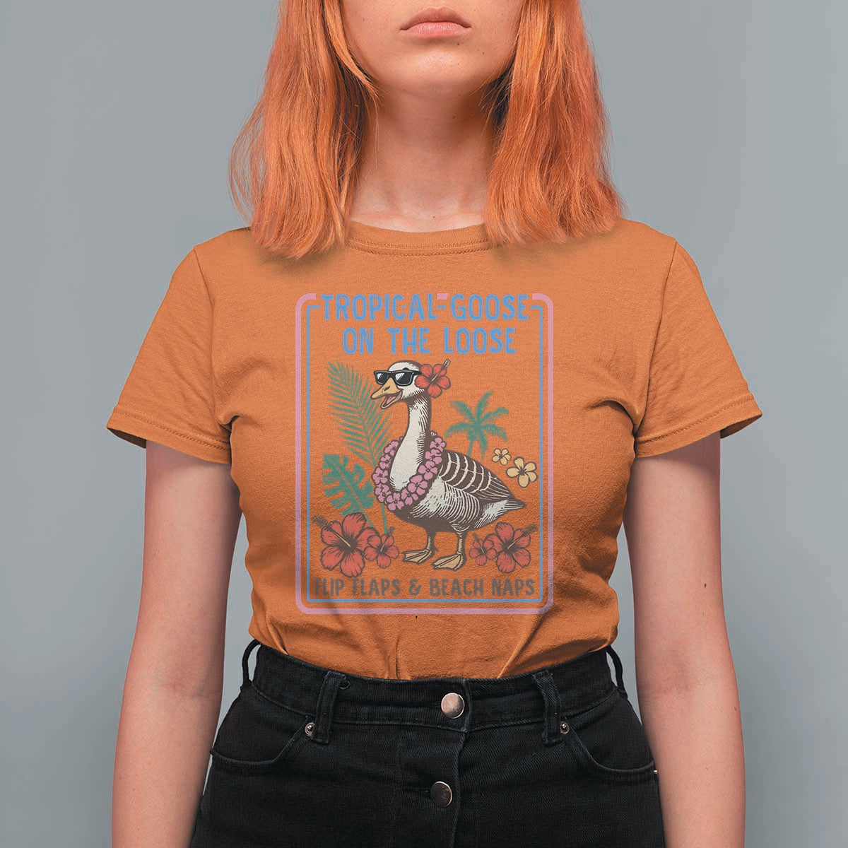 Funny Hawaiian Beach Vacation Graphic T Shirt For Women Tropical Goose On The Loose