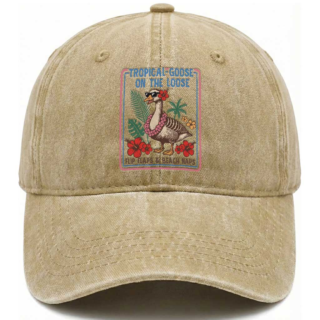 Funny Hawaiian Beach Vacation Graphic Washed Cotton Baseball Cap Tropical Goose On The Loose