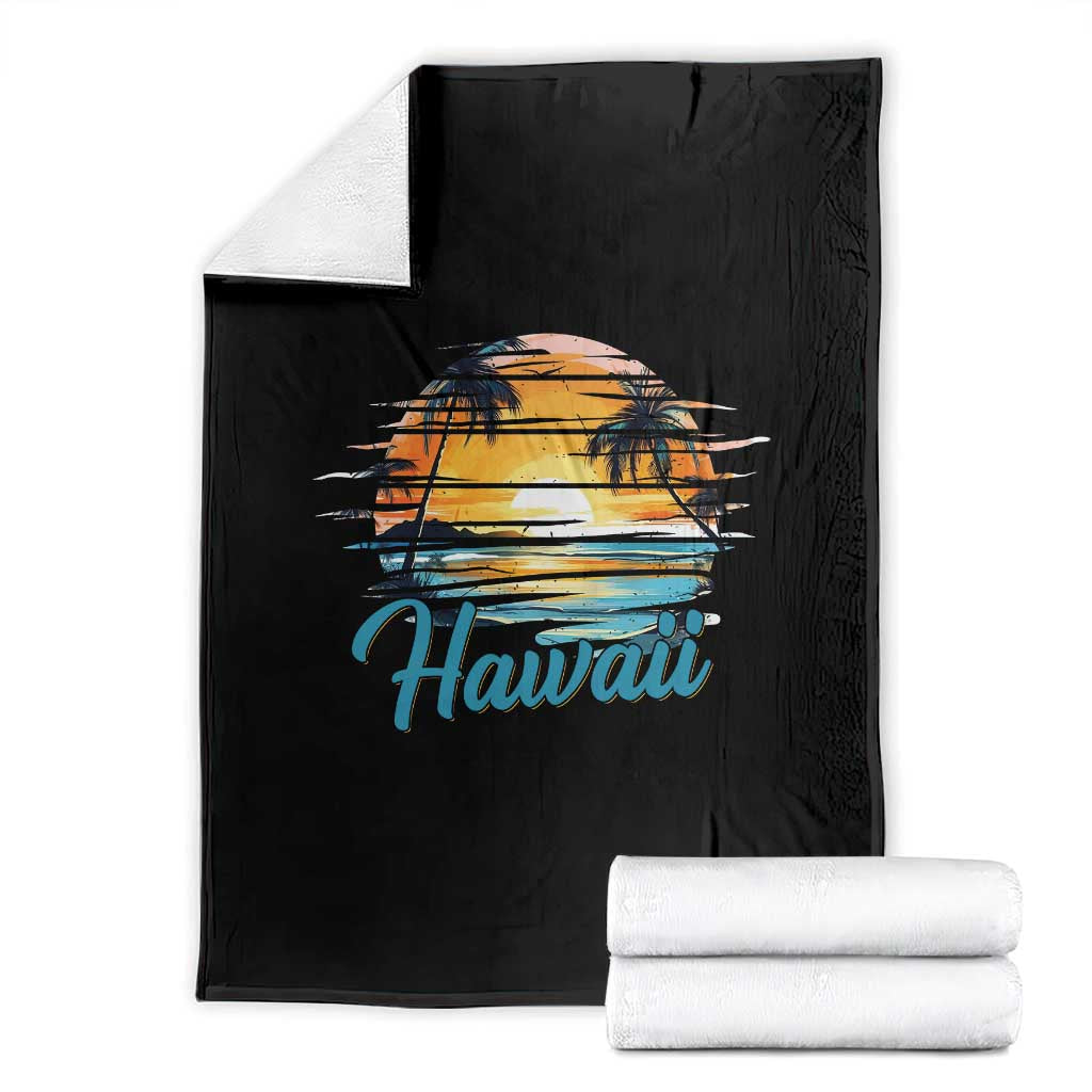 Retro Sunset Palm Tree Hawaii Throw Blanket Tropical Vacation Graphic