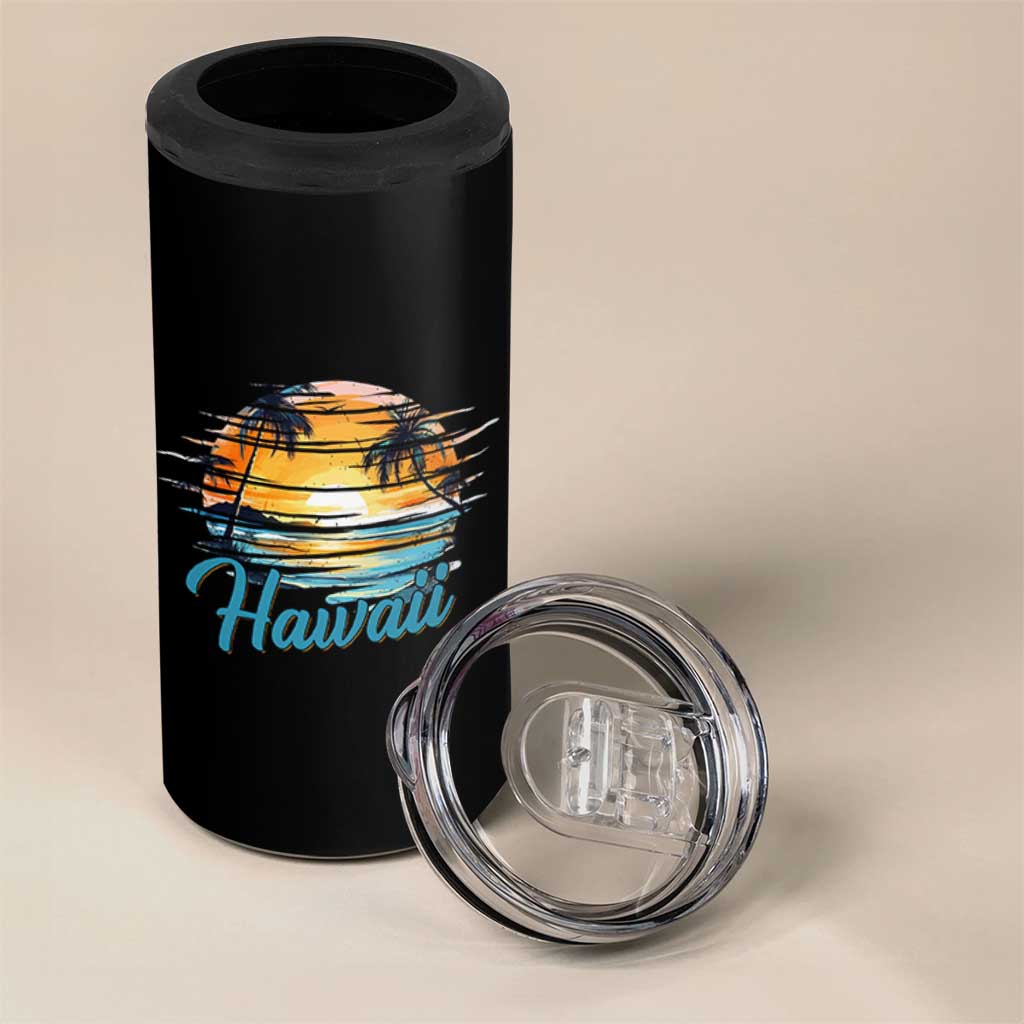Retro Sunset Palm Tree Hawaii 4 in 1 Can Cooler Tumbler Tropical Vacation Graphic