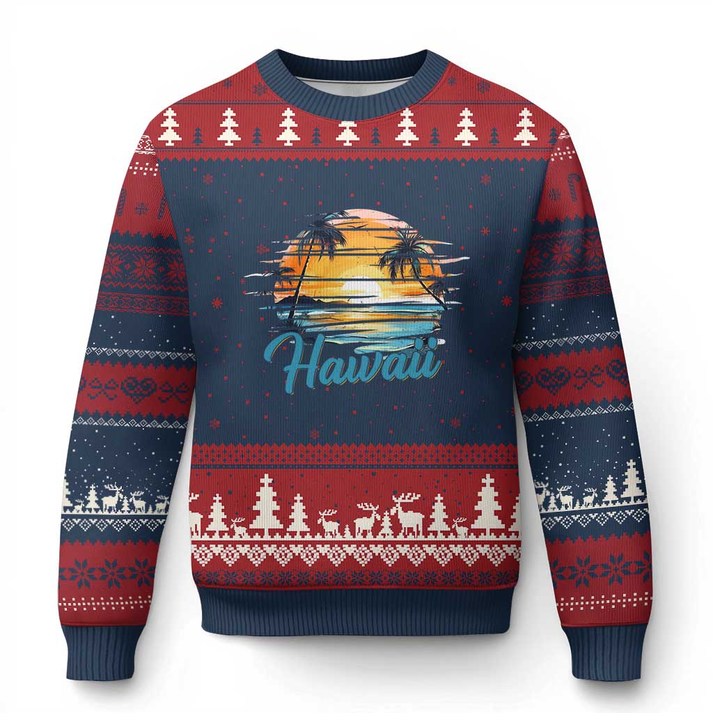 Retro Sunset Palm Tree Hawaii Ugly Christmas Sweater Tropical Vacation Graphic