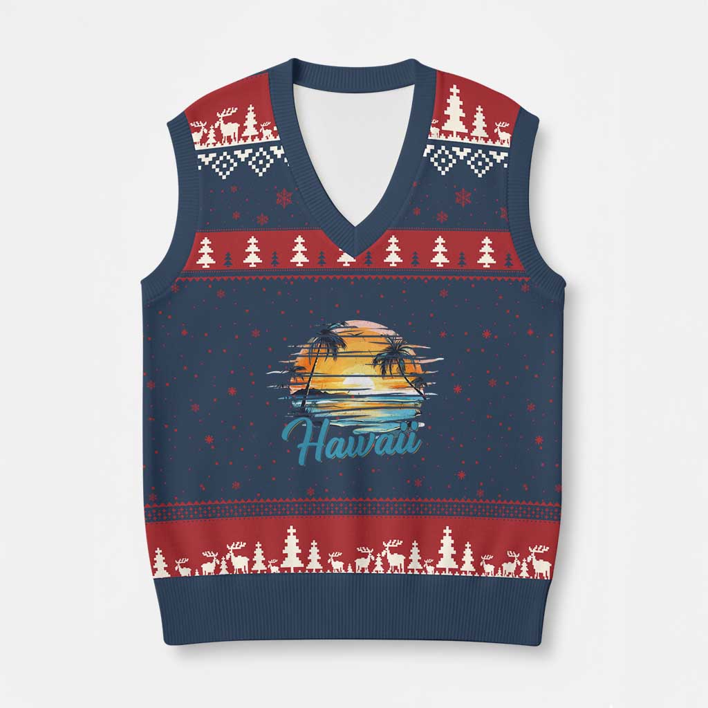 Retro Sunset Palm Tree Hawaii V-Neck Knit Sweater Vest Tropical Vacation Graphic
