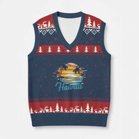 Retro Sunset Palm Tree Hawaii V-Neck Knit Sweater Vest Tropical Vacation Graphic