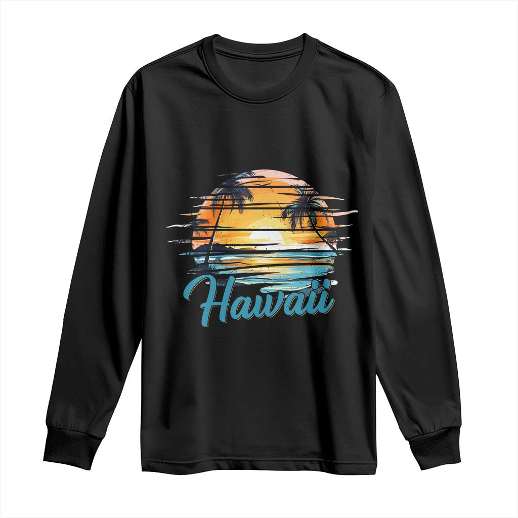 Retro Sunset Palm Tree Hawaii Long Sleeve Shirt Tropical Vacation Graphic