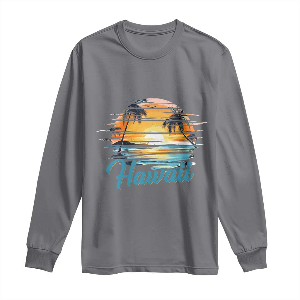 Retro Sunset Palm Tree Hawaii Long Sleeve Shirt Tropical Vacation Graphic