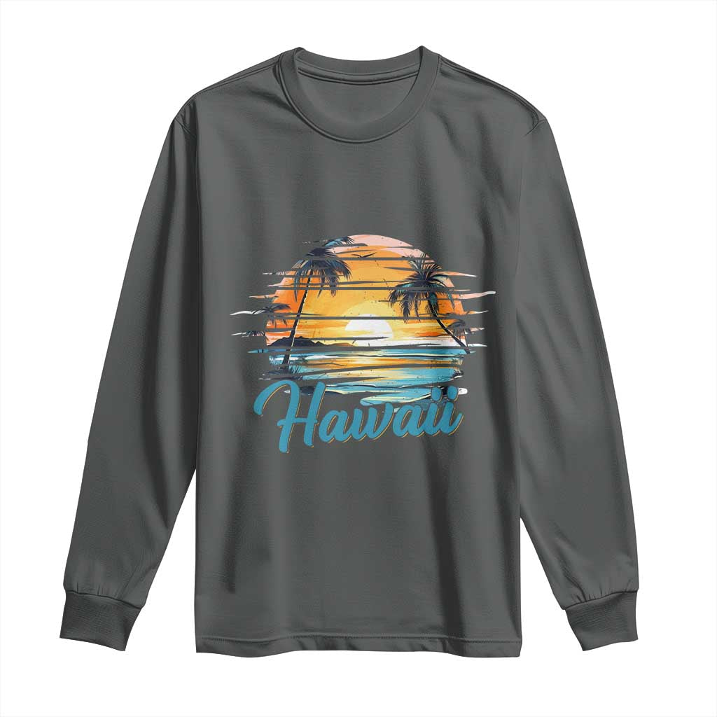 Retro Sunset Palm Tree Hawaii Long Sleeve Shirt Tropical Vacation Graphic