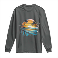 Retro Sunset Palm Tree Hawaii Long Sleeve Shirt Tropical Vacation Graphic